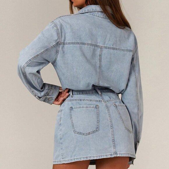 Blue Women's Denim Button Up Longsleeve Mini Dress - Picture 2 of 5